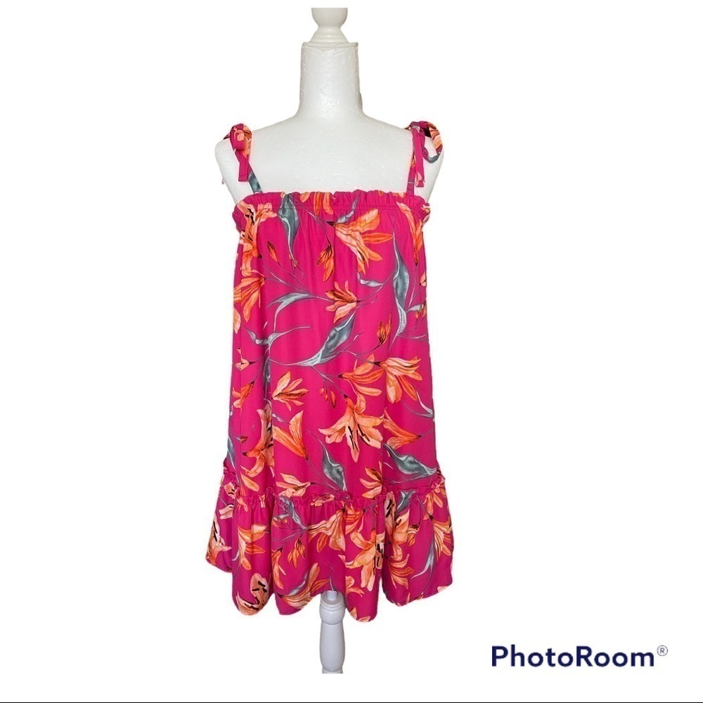 Peach Love California Hot Pink Tropical Floral Mini Dress